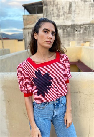 VINTAGE 90S VALENTINO MISS V STRIPED PUFF SLEEVES T-SHIRT