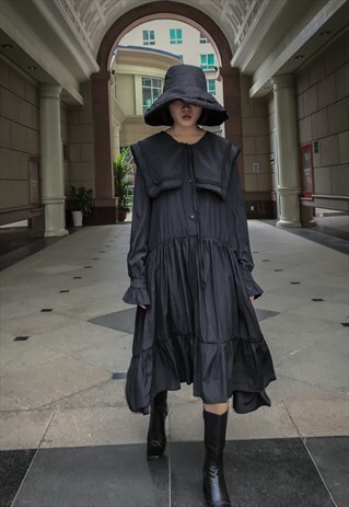 KOREAN STYLE DRESS WITH SAILOR BIB AND BELL CUFFS IN BLACK
