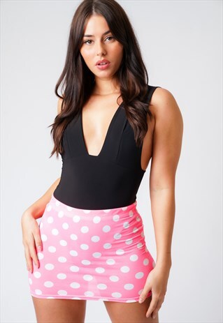 PINK POLKA DOT HIGH WAIST BODYCON MINI SKIRT
