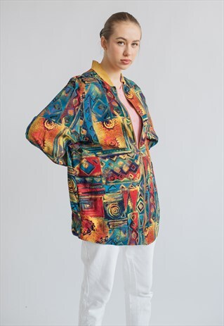VINTAGE FUNKY LONG SLEEVE ZIP UP COLOURFUL PRINT SHIRT L