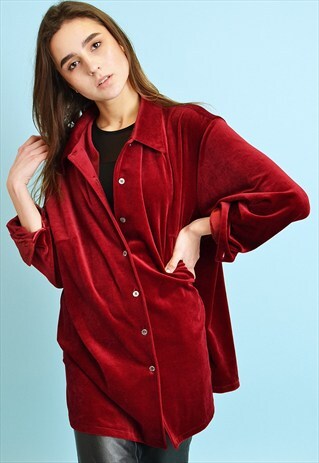 90'S RETRO GRUNGE VELVET OVERSIZED MAROON SHIRT TOP BLOUSE