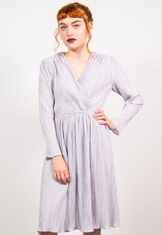 VINTAGE 70'S PLEATED LONG SLEEVE MIDI DRESS