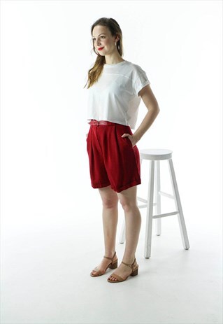 RED HIGH WAISTED SHORTS / PLEATED RETRO SHORTS