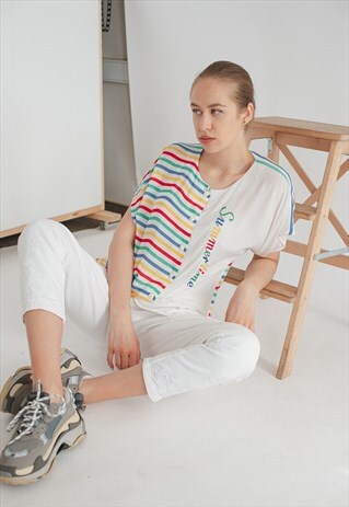 Vintage Short Sleeve Multi Coloured Stripe Viscose Shirt M