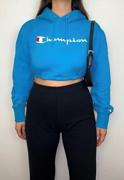 Reworked Champion Blue Spell Out Cropped Hoodie
