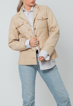 Vintage 90s Minimal Boxy Fit Leather Jacket in Beige