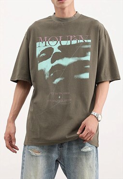 Khaki Washed Graphic Cotton oversized T shirt tee
