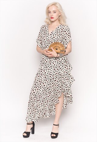 RUFFLED WRAP MIDI DRESS IN WHITE SWEET HEART PRINT