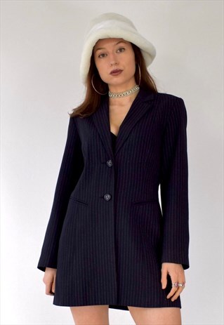 VINTAGE 90S Y2K 00S LONG PIN STRIPE SUIT BLAZER JACKET DRESS