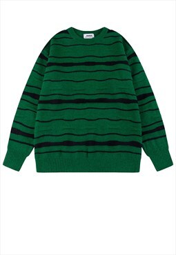 Retro stripe sweater knitted zigzag jumper in green black