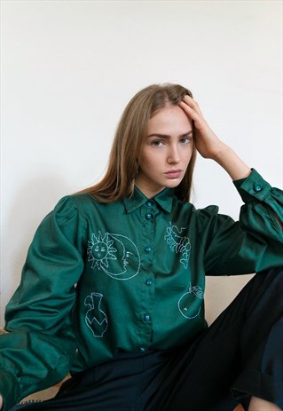 HAND EMBROIDERED GREEN SHIRT WITH PUFF SLEEVES