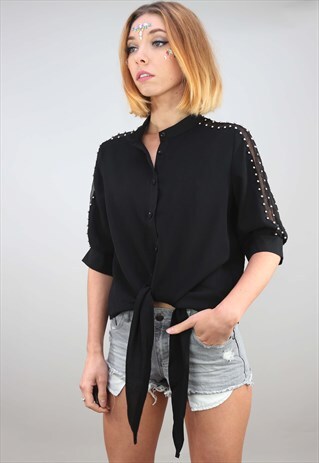 VINTAGE RETRO OVERSIZED TIE FRONT BLACK BLOUSE