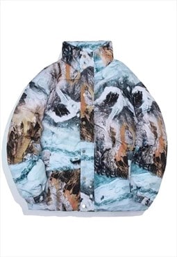 Abstract mountain print bomber north painting puffer jacket 