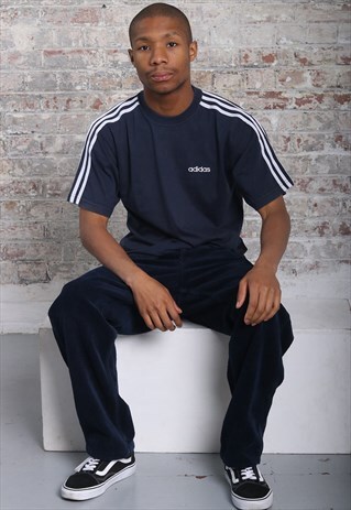 VINTAGE ADIDAS LOGO THREE STRIPE T-SHIRT NAVY BLUE