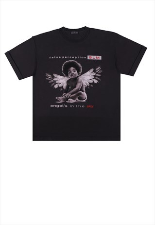 Angel print t-shirt Y2K Afro boy slogan tee in black