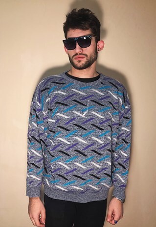 VINTAGE GEOMETRIC PATTERNED GREY/PURPLE/TURQUOISE JUMPER
