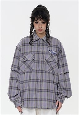 Detachable checked shirt removable sleeves blouse plaid top