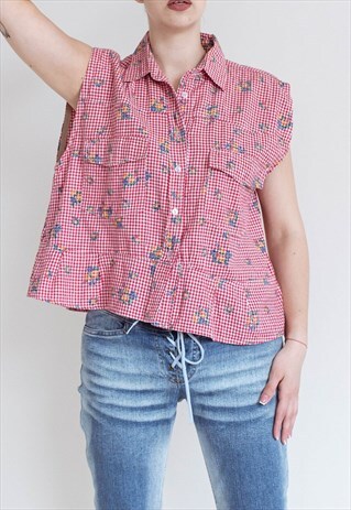 VINTAGE 70S WESTERN SMALL CHECK&FLORAL SLEEVELESS SHIRT TOP