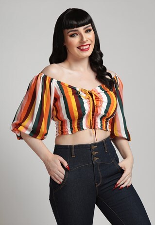 COLLECTIF MAINLINE STEVIE TROPICAL STRIPE TOP