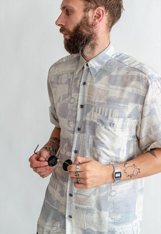 VINTAGE 70S PASTEL BLUE SHIRT IN ABSTRACT PATTERN