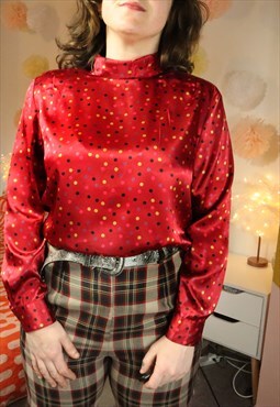 Retro 90s Red Polka Dot Dots Spotty Spots Satin Blouse Shirt