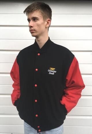 MENS VINTAGE MILLER GENUINE DRAFT BOMBER JACKET BLACK RED
