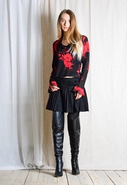 Y2K Black Red Roses Sheer Bell Sleeve Romantic Gothic Top