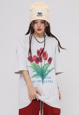 Tulips t-shirt floral print tee grunge flower top in grey