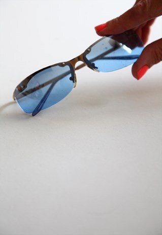 VINTAGE GOLD HALF RIMLESS FRAME, BLUE LENSES