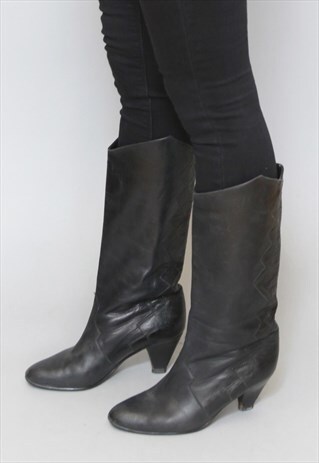 VINTAGE 1980'S BLACK LEATHER WESTERN HEELED BOOTS