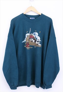 Vintage Festive Kitten Graphic Sweatshirt Teal Pullover 90s