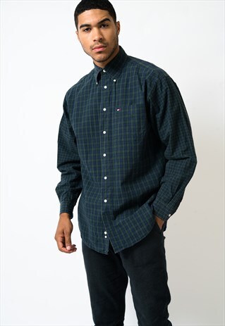VINTAGE TOMMY HILFIGER BLUE GREEN CHEQUERED DESIGN LARGE