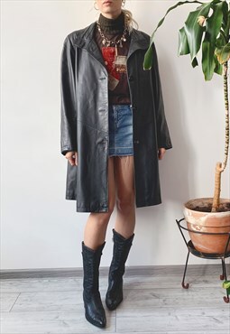 Vintage 90's Black Real Leather Classic Midi Trench Coat