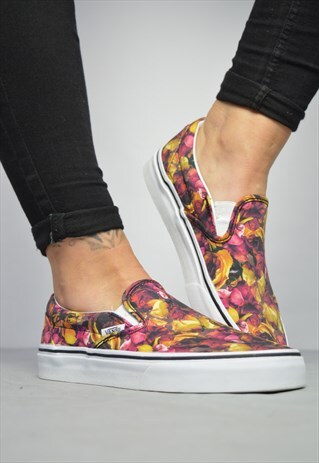 VINTAGE 90S VANS PINK & YELLOW FLORAL PRINT SLIP ON SHOES