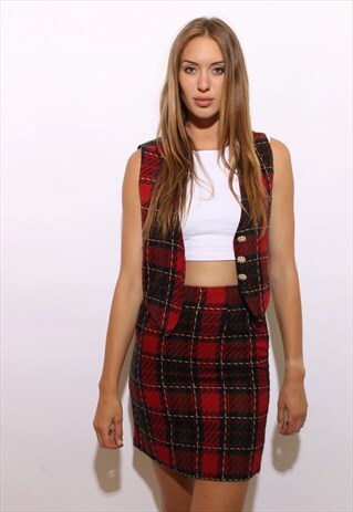 VINTAGE 1990'S 90'S TARTAN PLAID 2-PIECE SKIRT SUIT SET S-M