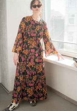Vintage 70's Black Floral Print Bohemian Maxi Belted Dress