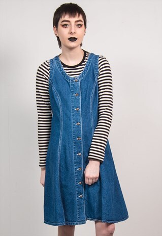 VINTAGE 90'S DARK BLUE DENIM COLLARLESS PINAFORE MINI DRESS