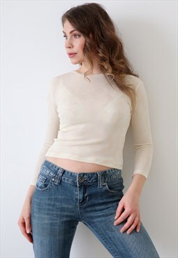 Vintage Crop Top 90s Cottagecore Fairy Beige Ditsy Floral