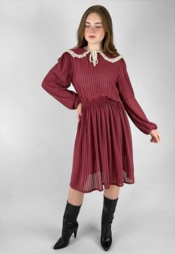 70's Vintage Long Sleeve Burgundy Peter Pan Ruffle Dress