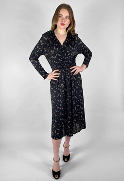 70's Vintage Ladies Black Long Sleeve Floral Midi Dress