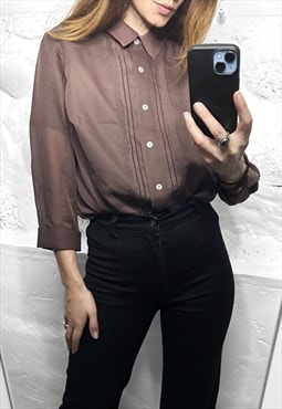 Brown Sheer Retro 70s Preppy Shirt / Blouse 