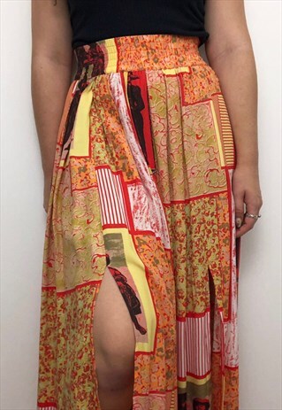 80S VINTAGE SPLIT ABSTRACT MIDI SKIRT