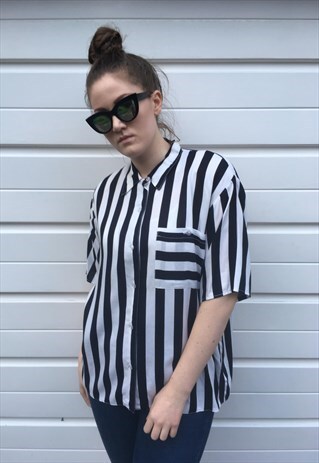WOMENS VINTAGE 80S BLOUSE BLACK AND WHITE STRIPY SHIRT TOP