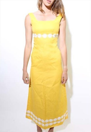 VINTAGE 1960'S 60'S BRIGHT YELLOW DAISY TRIM MAXI DRESS XS-S