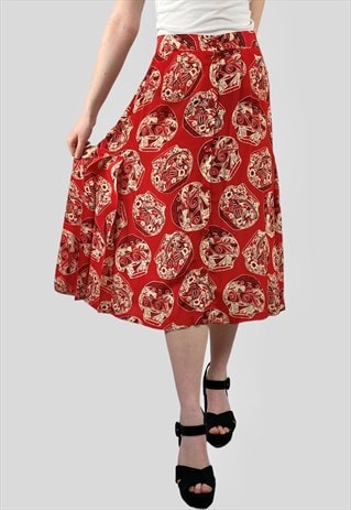 80's Red Cream Vintage Abstract Print Button Ladies Skirt