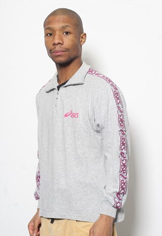 VINTAGE ASICS 1/4 ZIP TAPE LOGO SWEATSHIRT GREY