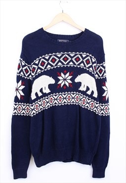 Vintage Christmas Knitted Jumper Navy Pullover With Pattern