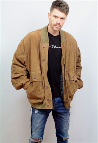1980'S VINTAGE OVERSIZED SUEDE BOMBER JACKET IN BROWN