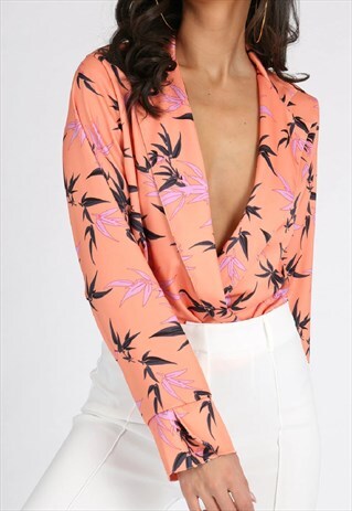 CORAL FLORAL SATIN DOUBLE LAPEL PLUNGE NECK BODYSUIT