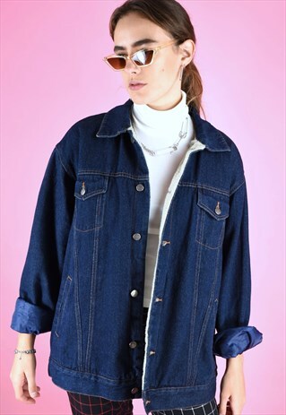 VINTAGE 90S DENIM JACKET WARM TEDDY LINING BLUE OVERSIZED